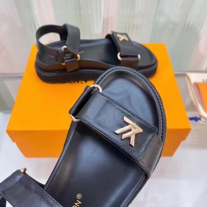 Louis Vuitton Women LV Sunset Comfort Flat Sandal Ivory Black Lamb Leather