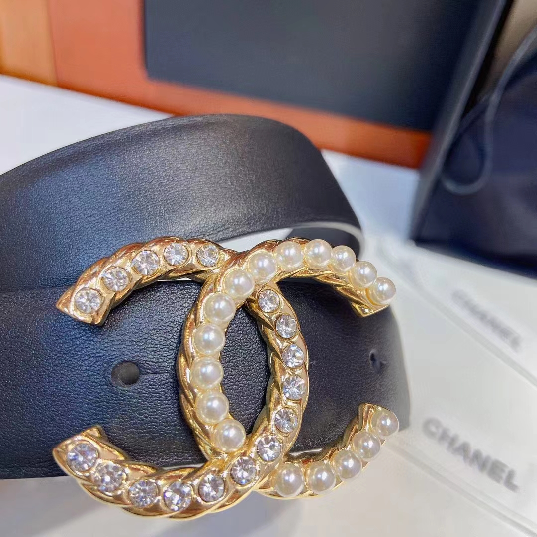 Chanel Women CC Belt Calfskin Gold-Tone Metal Resin Strass Black