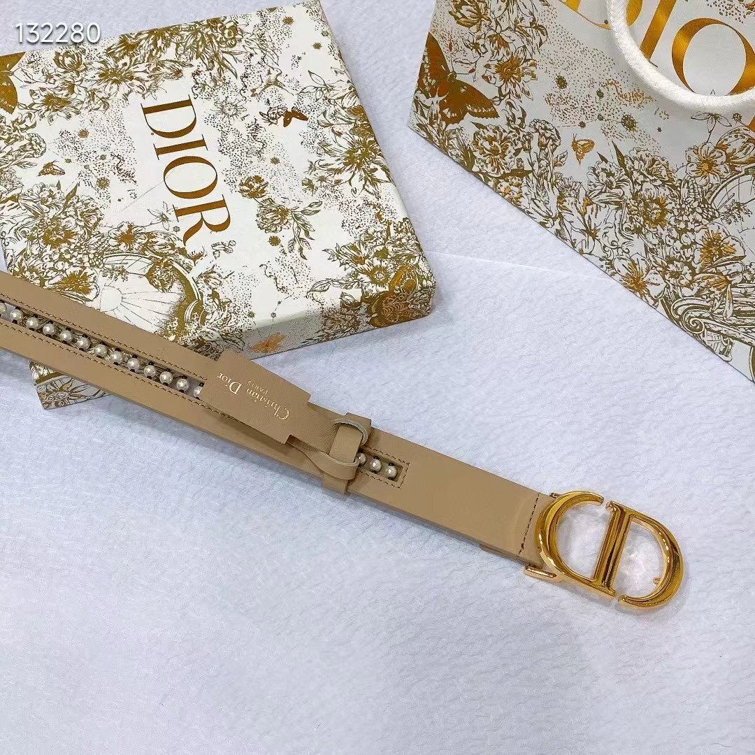 Dior CD Women 30 Montaigne Belt Aesthetic Beige Smooth Calfskin White Glass Pearls 25 MM Width