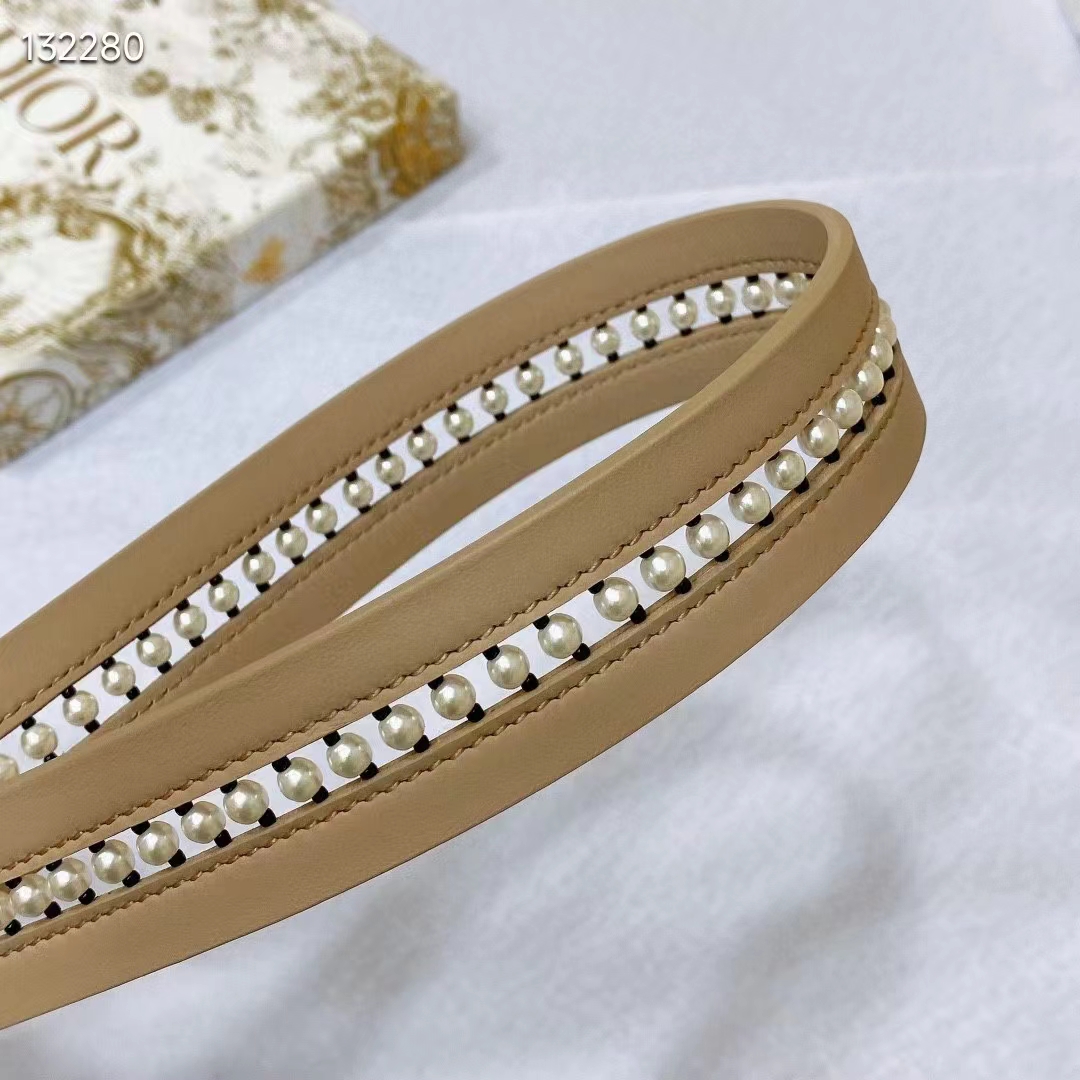 Dior CD Women 30 Montaigne Belt Aesthetic Beige Smooth Calfskin White Glass Pearls 25 MM Width