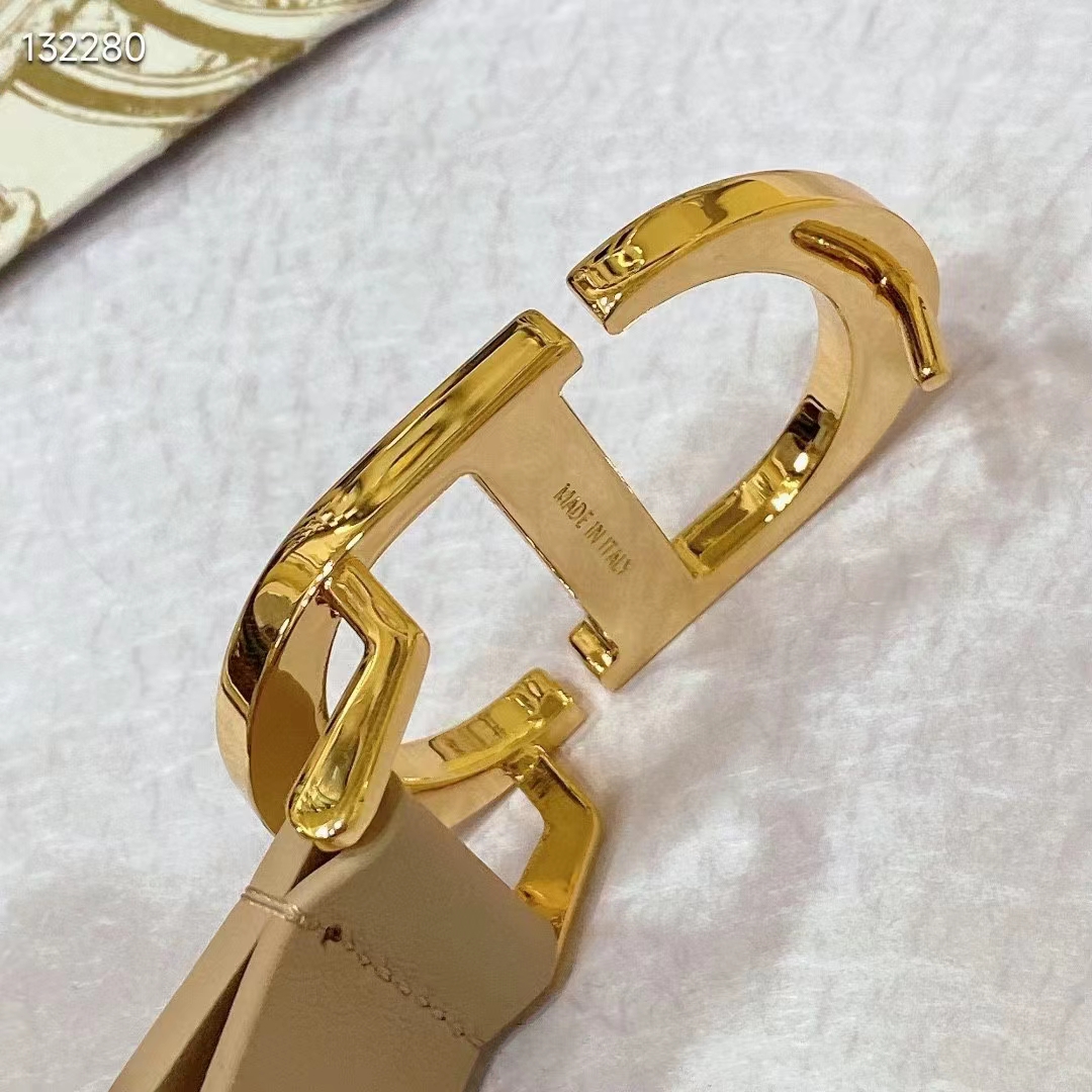 Dior CD Women 30 Montaigne Belt Aesthetic Beige Smooth Calfskin White Glass Pearls 25 MM Width