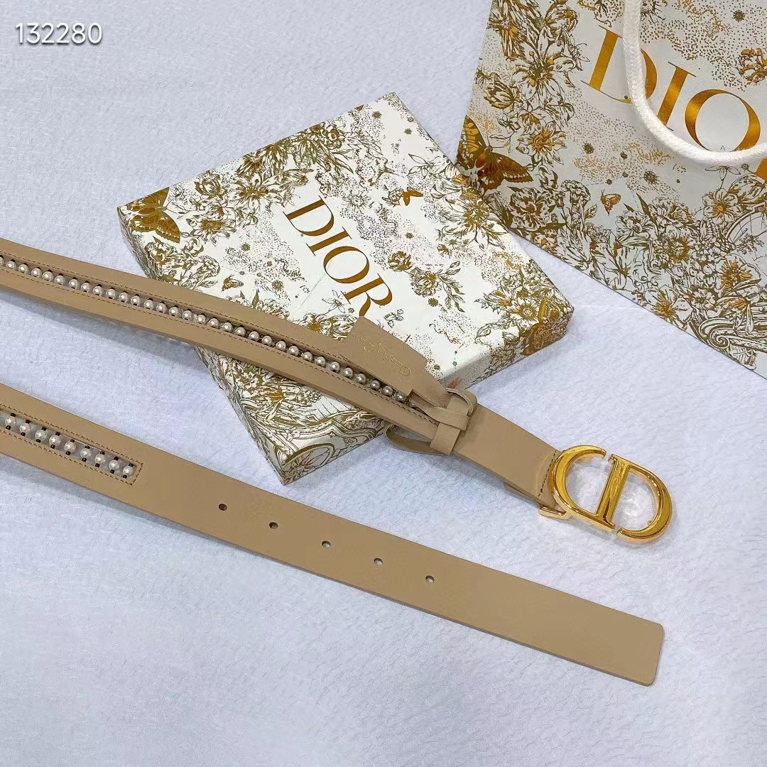 Dior CD Women 30 Montaigne Belt Aesthetic Beige Smooth Calfskin White Glass Pearls 25 MM Width