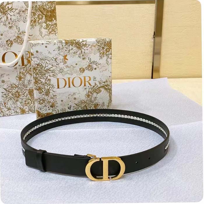 Dior CD Women 30 Montaigne Belt Aesthetic Black Smooth Calfskin White Glass Pearls 25 MM Width