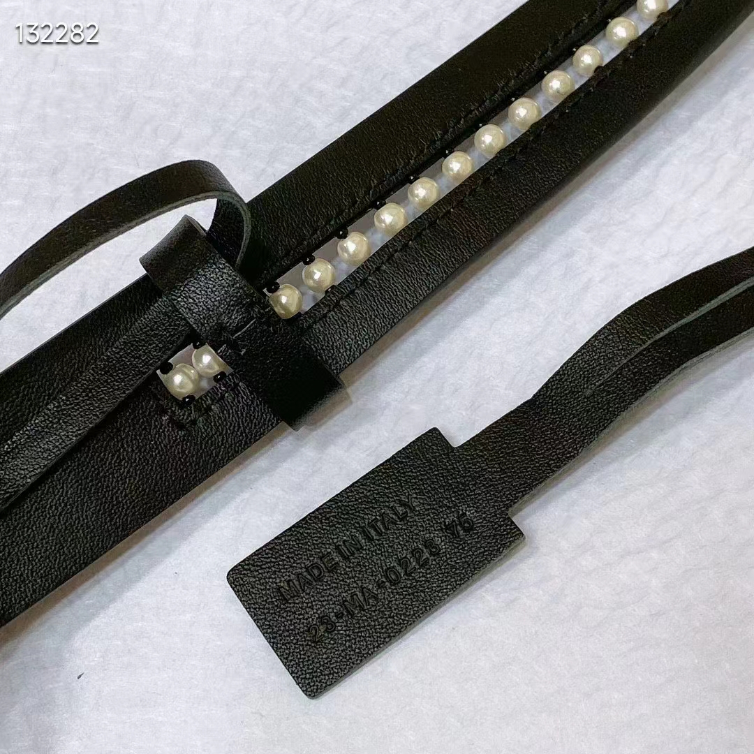 Dior CD Women 30 Montaigne Belt Aesthetic Black Smooth Calfskin White Glass Pearls 25 MM Width