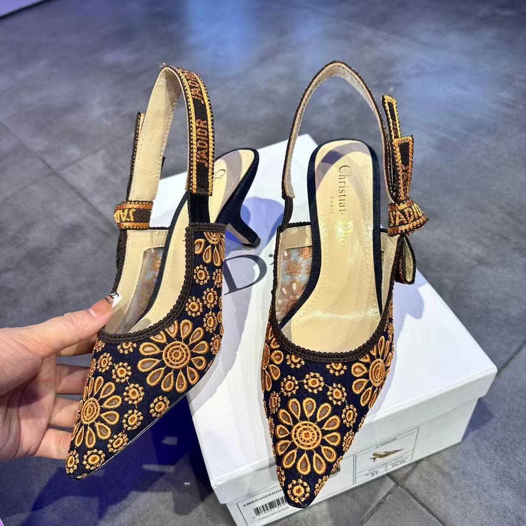 Dior CD Women J’Adior Slingback Pump Blue Denim Embroidered Camel-Colored Saint-Gall Motif