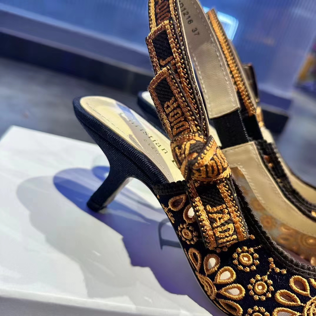 Dior CD Women J’Adior Slingback Pump Blue Denim Embroidered Camel-Colored Saint-Gall Motif