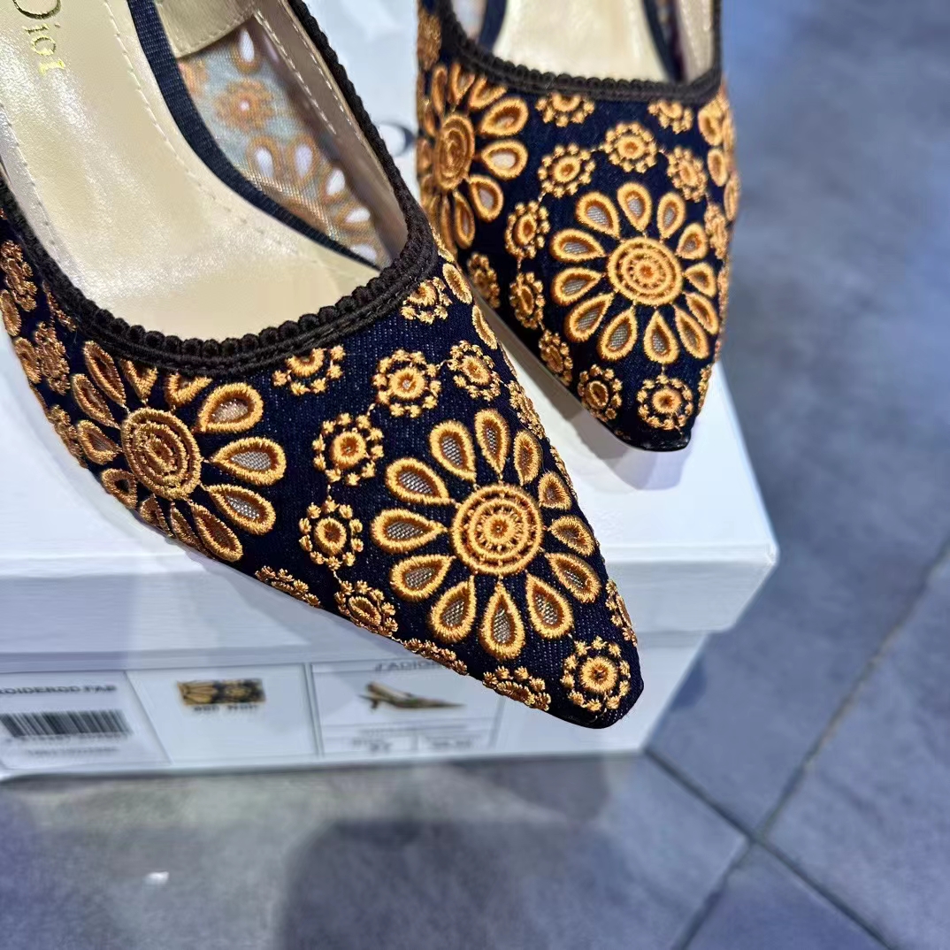 Dior CD Women J’Adior Slingback Pump Blue Denim Embroidered Camel-Colored Saint-Gall Motif