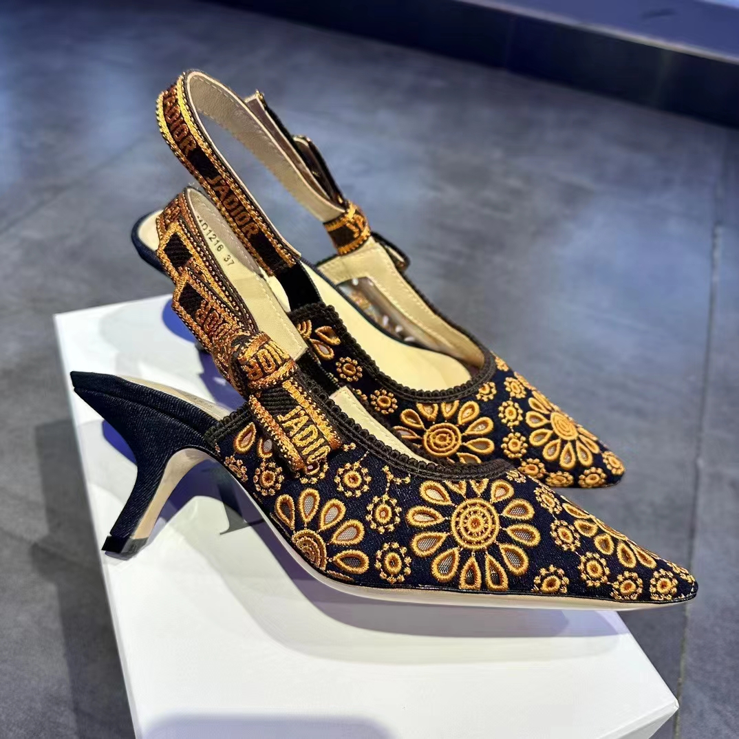 Dior CD Women J’Adior Slingback Pump Blue Denim Embroidered Camel-Colored Saint-Gall Motif