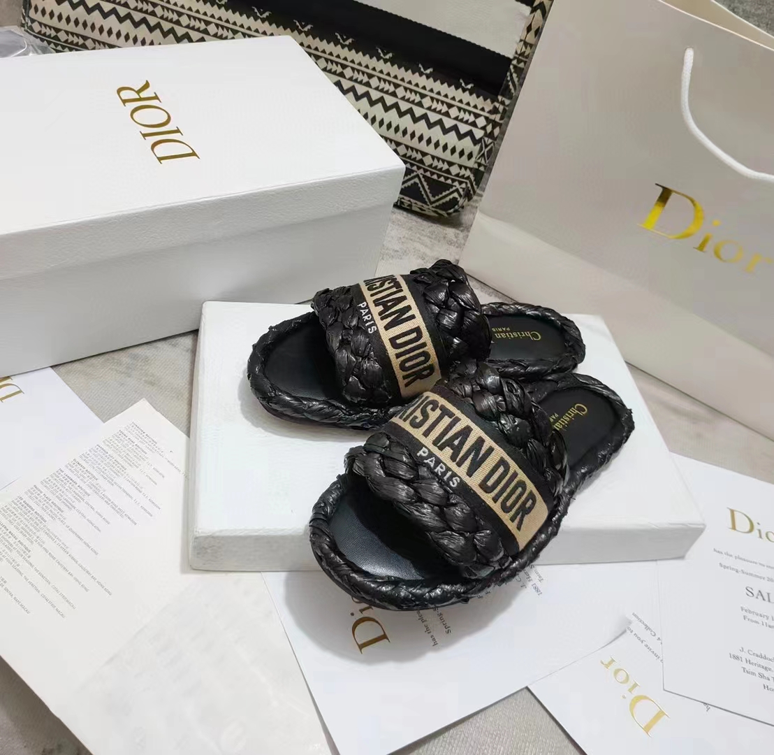 Dior Unisex CD Dway Slide Black Raffia Embroidered Cotton
