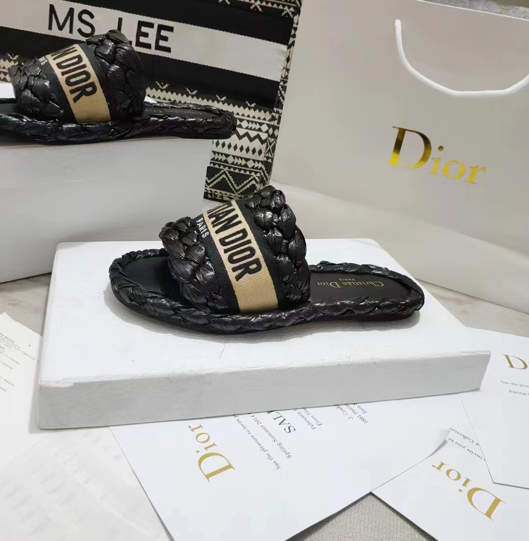 Dior Unisex CD Dway Slide Black Raffia Embroidered Cotton