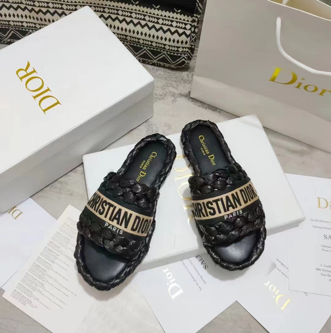 Dior Unisex CD Dway Slide Black Raffia Embroidered Cotton