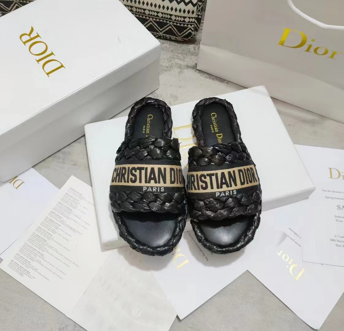 Dior Unisex CD Dway Slide Black Raffia Embroidered Cotton