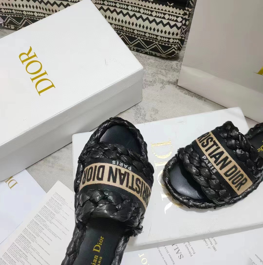 Dior Unisex CD Dway Slide Black Raffia Embroidered Cotton