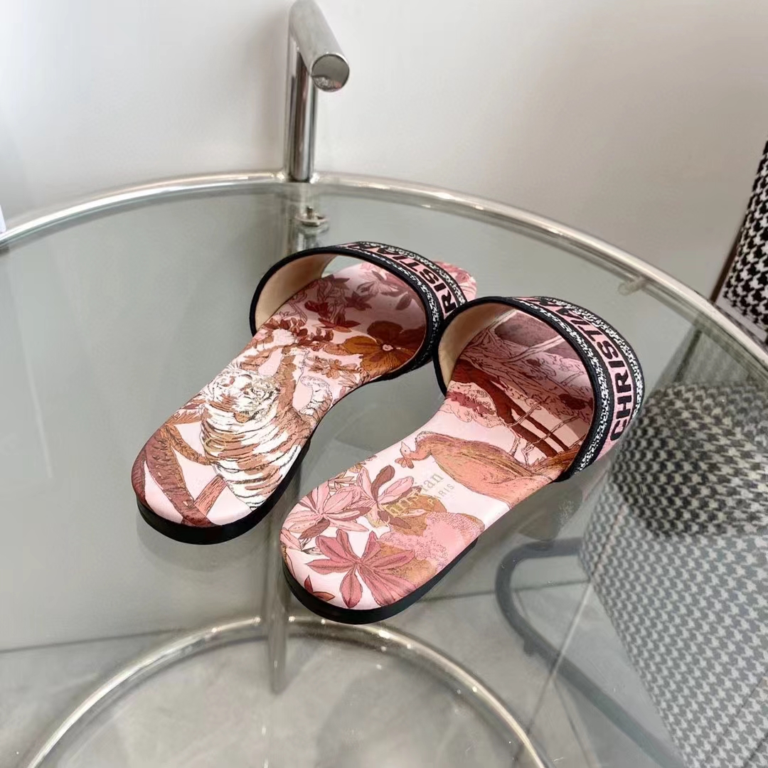 Dior Unisex CD Dway Slide Embroidered Cotton Indy Pink Multicolor Toile De Jouy Voyage