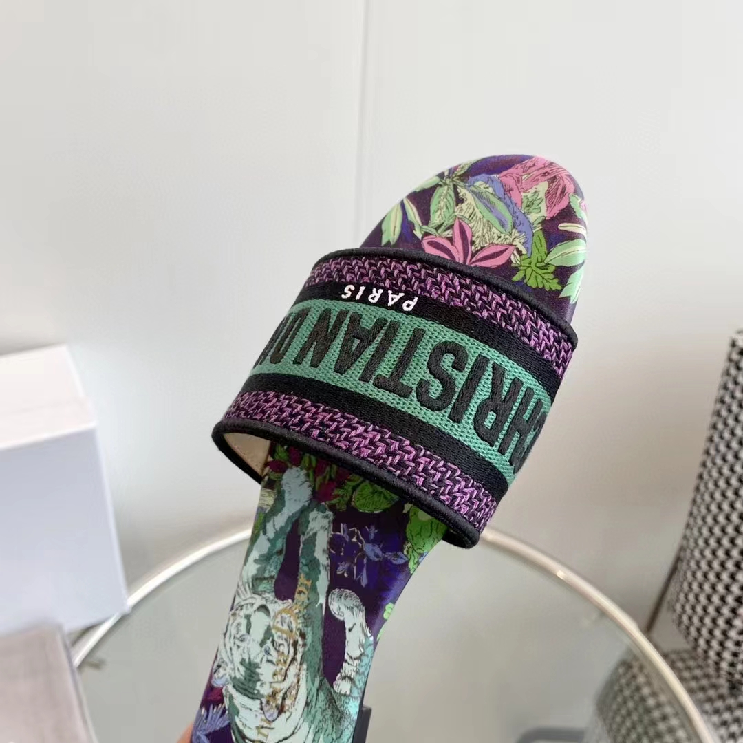 Dior Unisex CD Dway Slide Embroidered Cotton Purple Multicolor Toile De Jouy Voyage