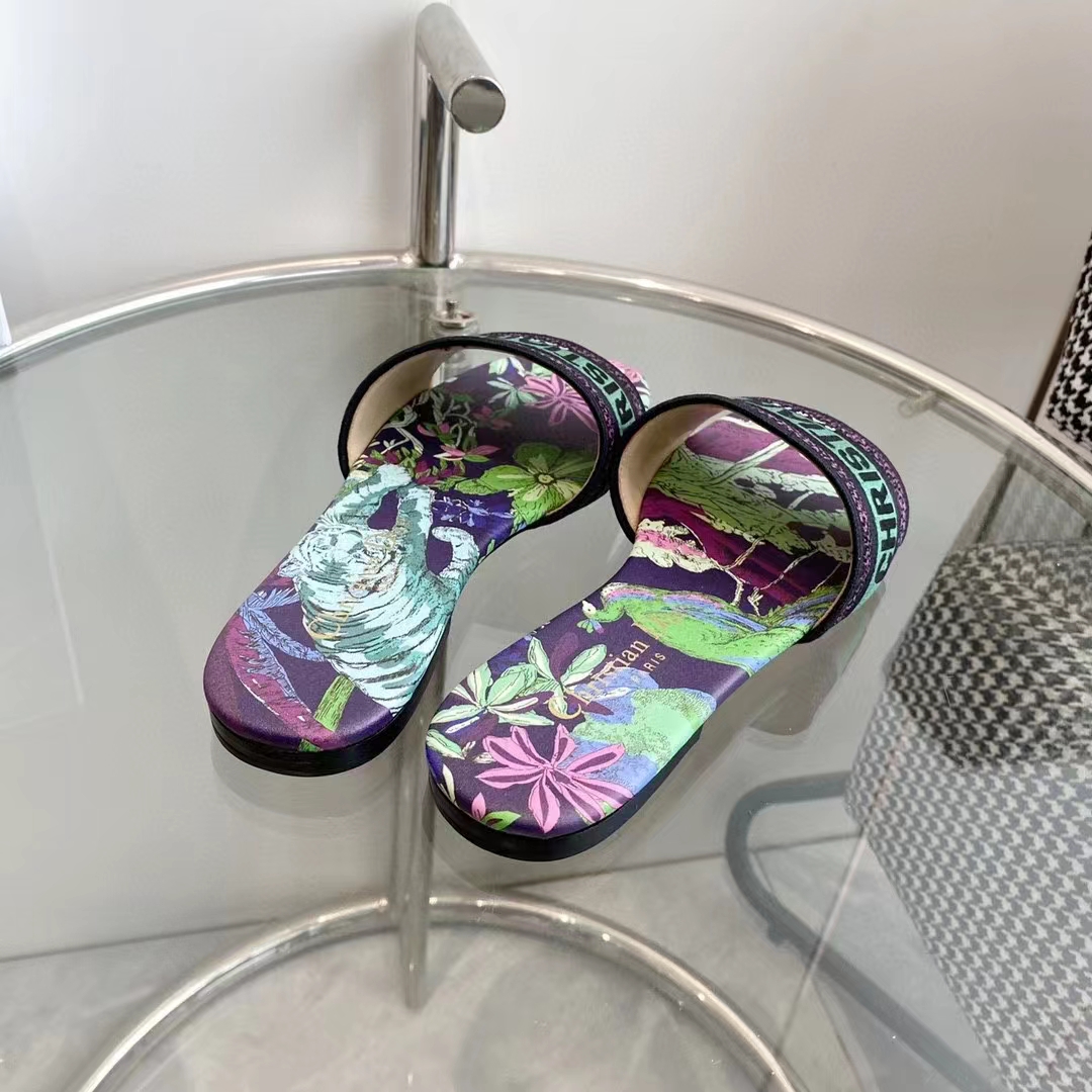 Dior Unisex CD Dway Slide Embroidered Cotton Purple Multicolor Toile De Jouy Voyage