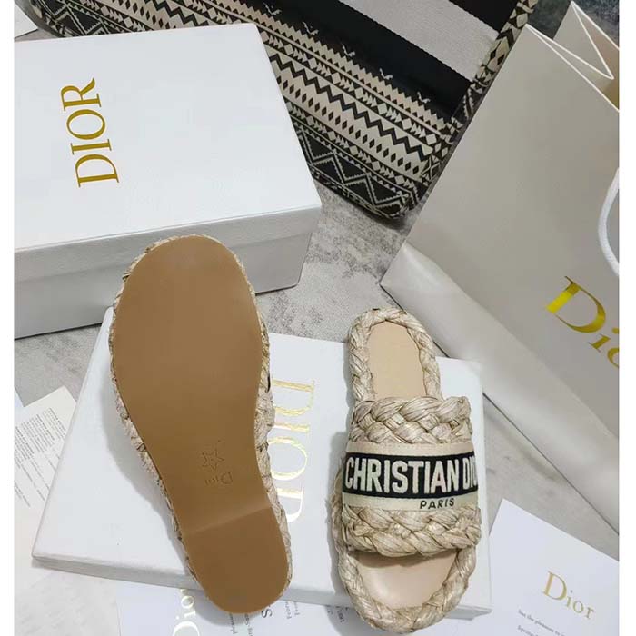 Dior Unisex CD Dway Slide Jute-Colored Embroidered Raffia Cotton
