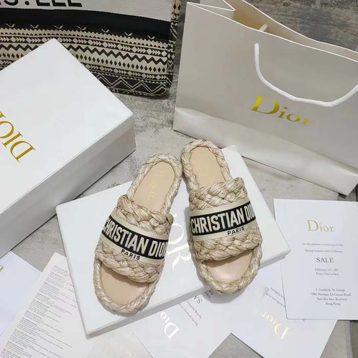 Dior Unisex CD Dway Slide Jute-Colored Embroidered Raffia Cotton