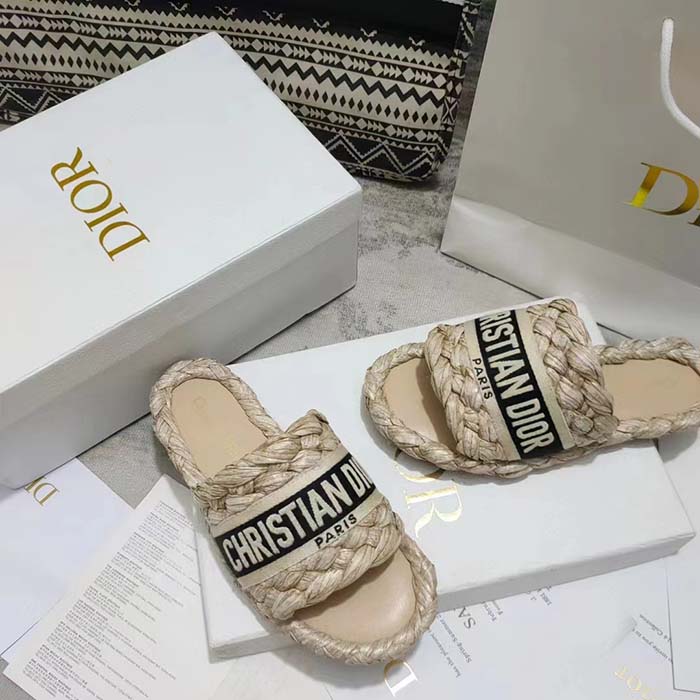 Dior Unisex CD Dway Slide Jute-Colored Embroidered Raffia Cotton