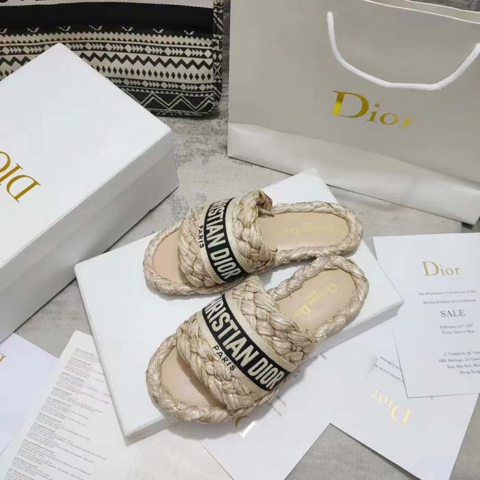 Dior Unisex CD Dway Slide Jute-Colored Embroidered Raffia Cotton