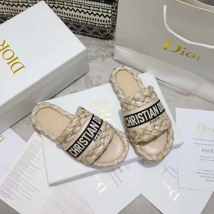 Dior Unisex CD Dway Slide Jute-Colored Embroidered Raffia Cotton