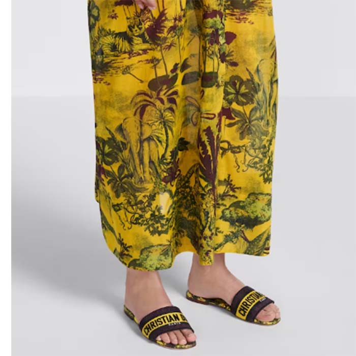 Dior Unisex CD Dway Slide Lime Yellow Multicolor Embroidered Cotton Toile De Jouy Voyage