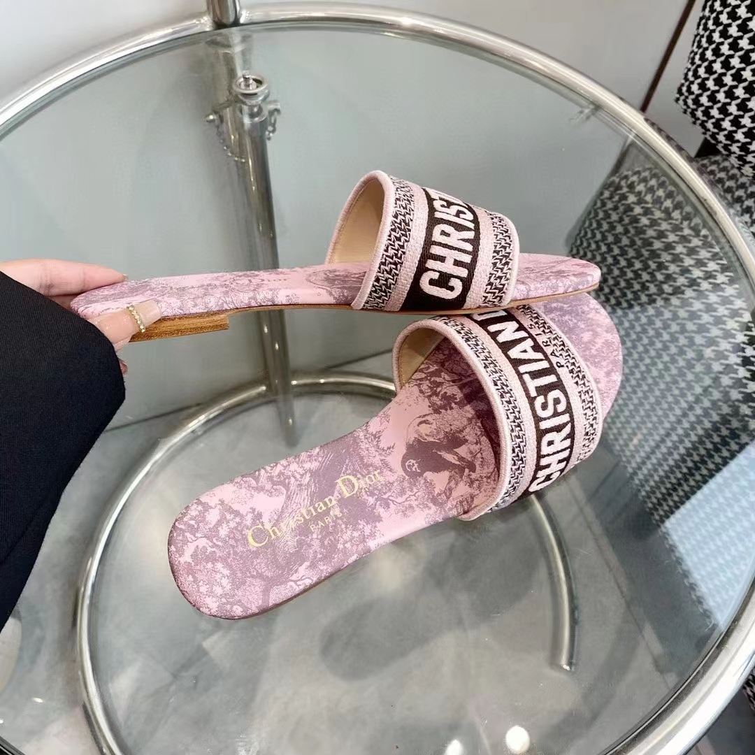 Dior Unisex CD Dway Slide Pink Gray Embroidered Cotton Toile De Jouy Sauvage