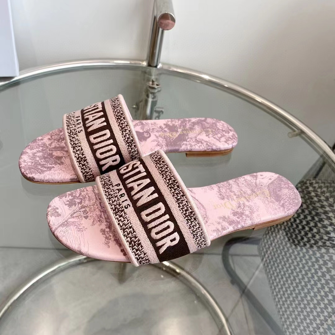 Dior Unisex CD Dway Slide Pink Gray Embroidered Cotton Toile De Jouy Sauvage