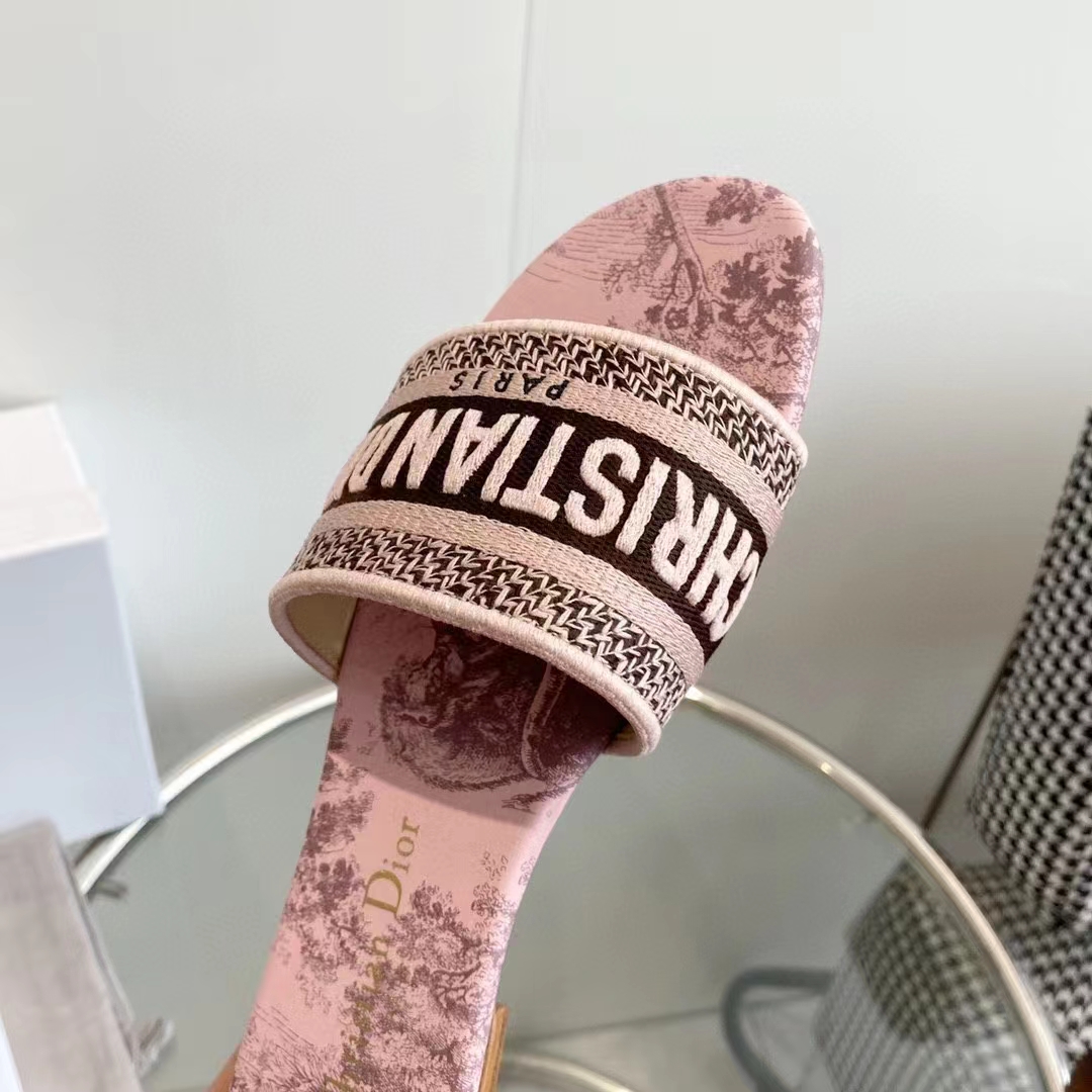 Dior Unisex CD Dway Slide Pink Gray Embroidered Cotton Toile De Jouy Sauvage