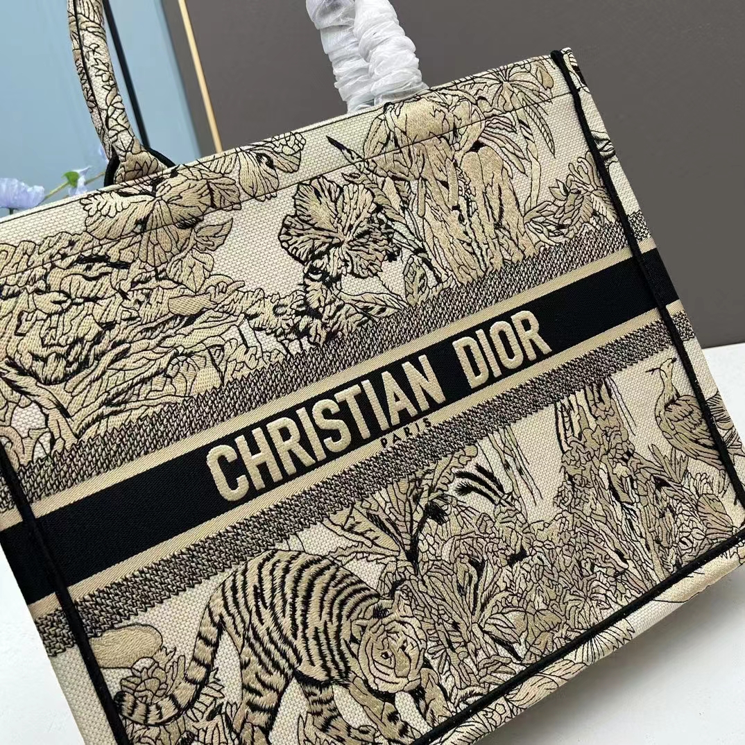 Dior Unisex CD Large Book Tote Beige Multicolor Toile De Jouy Voyage Embroidery