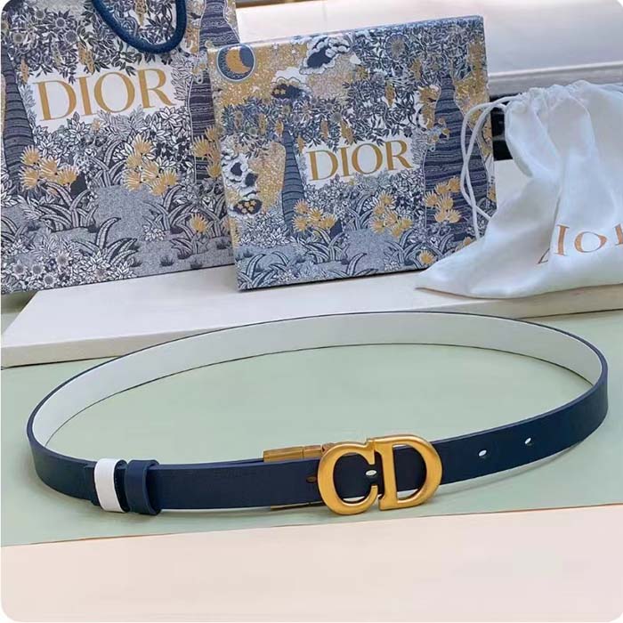 Dior Unisex CD Reversible Saddle Belt Golden Saddle Blue Latte Smooth Calfskin