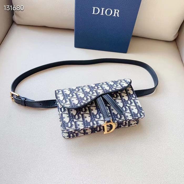 Dior Unisex CD Saddle Belt Pouch Blue Oblique Jacquard Front ‘D’ Stirrup