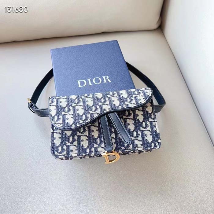 Dior Unisex CD Saddle Belt Pouch Blue Oblique Jacquard Front ‘D’ Stirrup