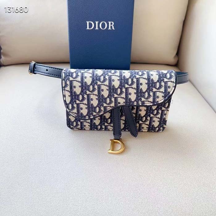 Dior Unisex CD Saddle Belt Pouch Blue Oblique Jacquard Front ‘D’ Stirrup