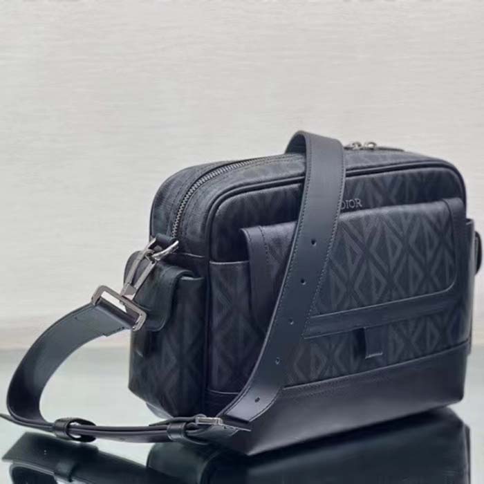 Dior Unisex Hit The Road Bag Messenger Pouch Black CD Diamond Canvas Smooth Calfskin
