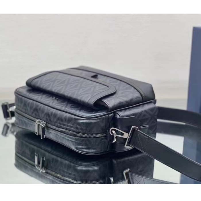 Dior Unisex Hit The Road Bag Messenger Pouch Black CD Diamond Canvas Smooth Calfskin
