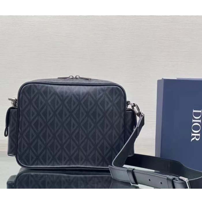 Dior Unisex Hit The Road Bag Messenger Pouch Black CD Diamond Canvas Smooth Calfskin