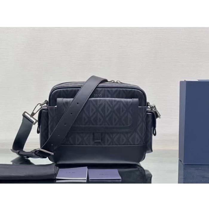 Dior Unisex Hit The Road Bag Messenger Pouch Black CD Diamond Canvas Smooth Calfskin