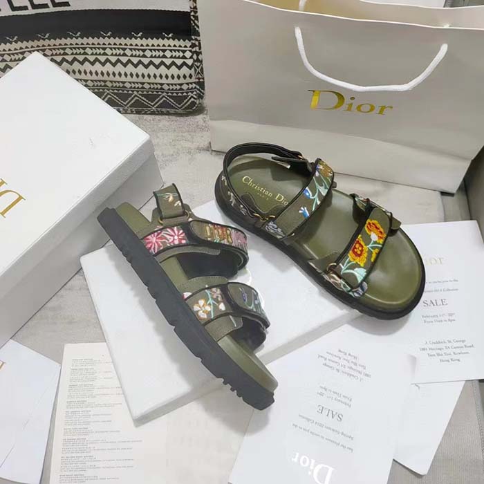 Dior Women CD Dioract Sandal Khaki Multicolor Technical Fabric Embroidered Petites Fleurs Motif