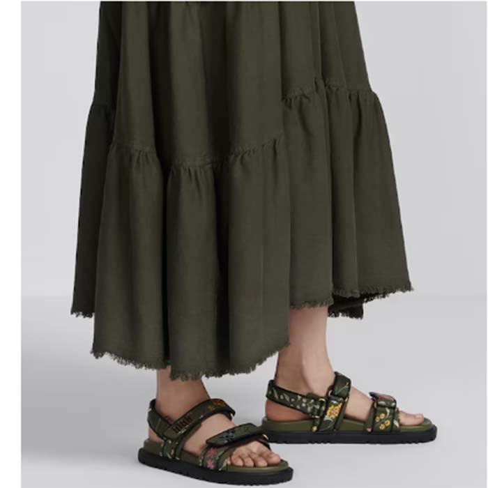 Dior Women CD Dioract Sandal Khaki Multicolor Technical Fabric Embroidered Petites Fleurs Motif