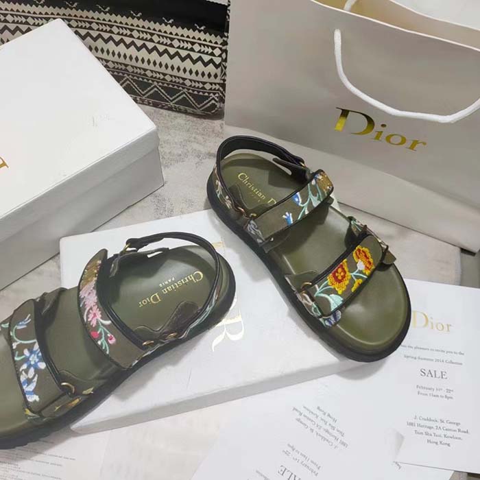 Dior Women CD Dioract Sandal Khaki Multicolor Technical Fabric Embroidered Petites Fleurs Motif