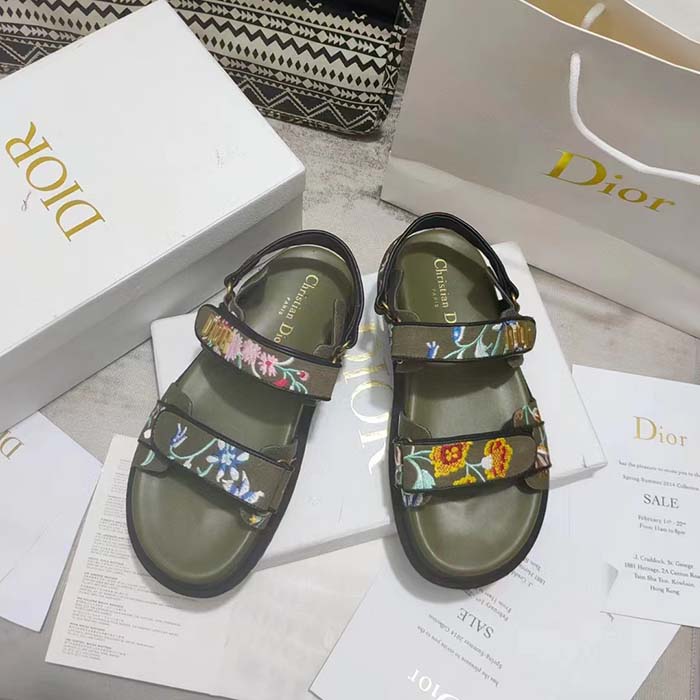 Dior Women CD Dioract Sandal Khaki Multicolor Technical Fabric Embroidered Petites Fleurs Motif
