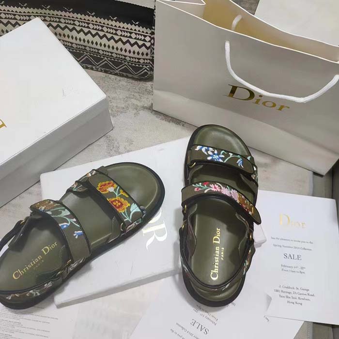 Dior Women CD Dioract Sandal Khaki Multicolor Technical Fabric Embroidered Petites Fleurs Motif