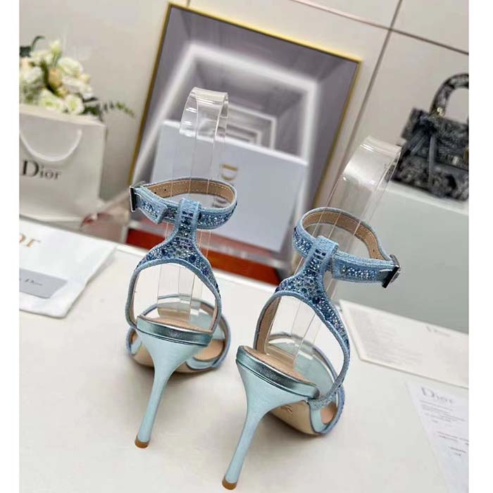Dior Women CD Dway Heeled Sandal Blue Cotton Embroidered Metallic Thread Strass
