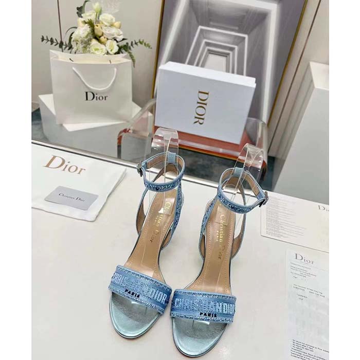 Dior Women CD Dway Heeled Sandal Blue Cotton Embroidered Metallic Thread Strass