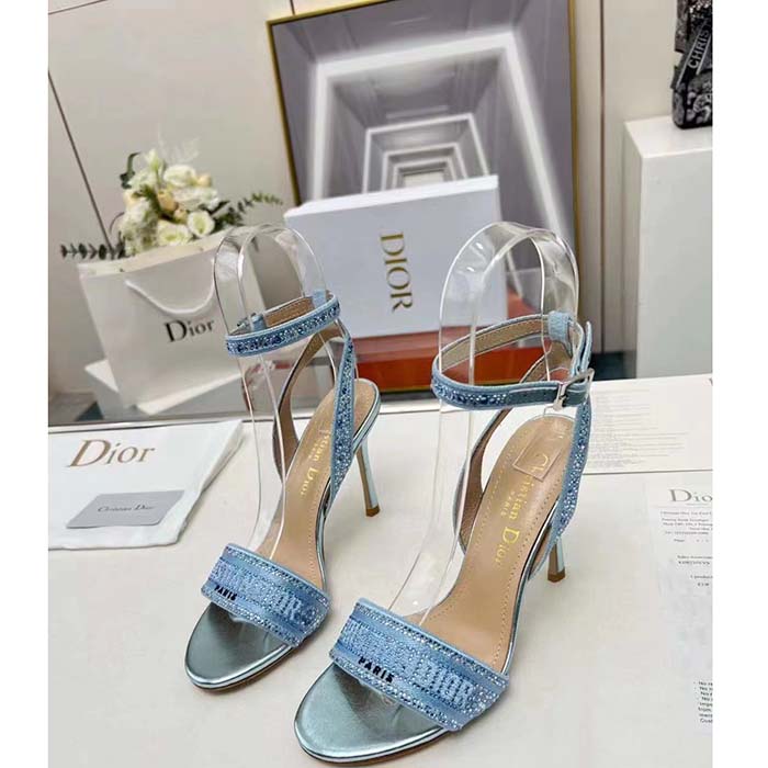 Dior Women CD Dway Heeled Sandal Blue Cotton Embroidered Metallic Thread Strass