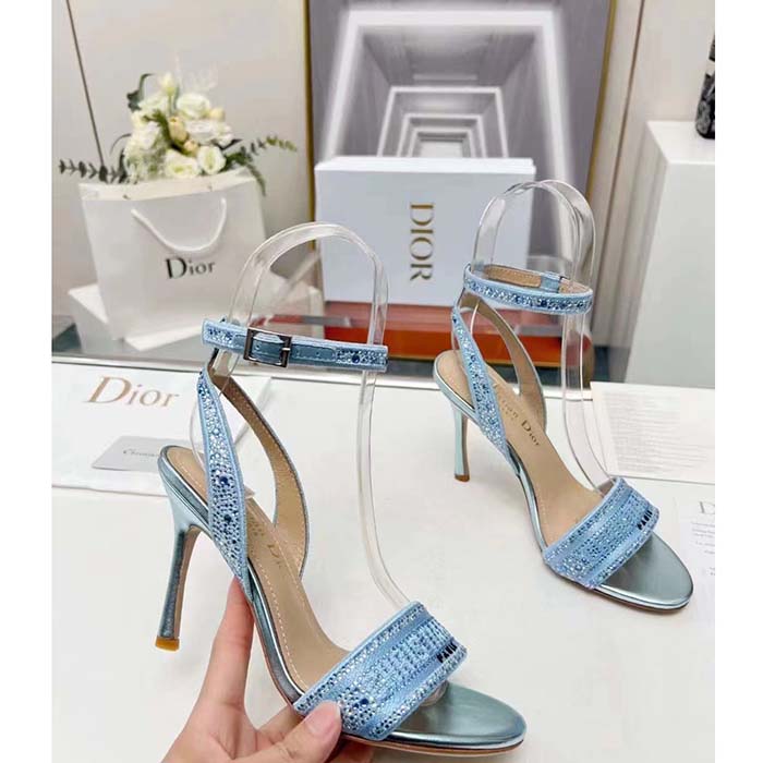 Dior Women CD Dway Heeled Sandal Blue Cotton Embroidered Metallic Thread Strass
