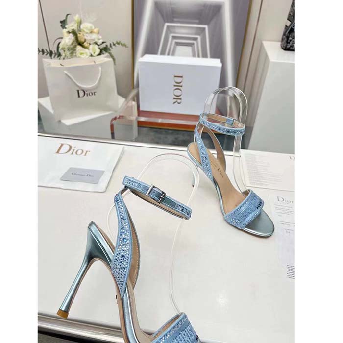 Dior Women CD Dway Heeled Sandal Blue Cotton Embroidered Metallic Thread Strass
