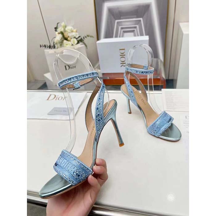 Dior Women CD Dway Heeled Sandal Blue Cotton Embroidered Metallic Thread Strass