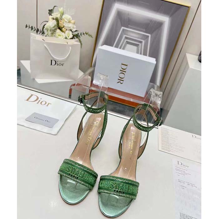Dior Women CD Dway Heeled Sandal Green Cotton Embroidered Metallic Thread Strass